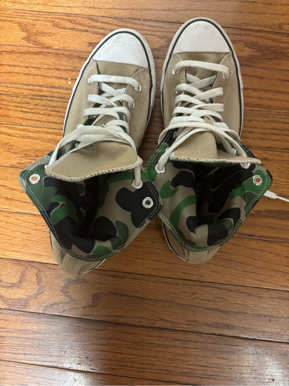 Men’s High-Top Canvas Sneakers in Tan with Green Camo Lining - Picture 1 of 9